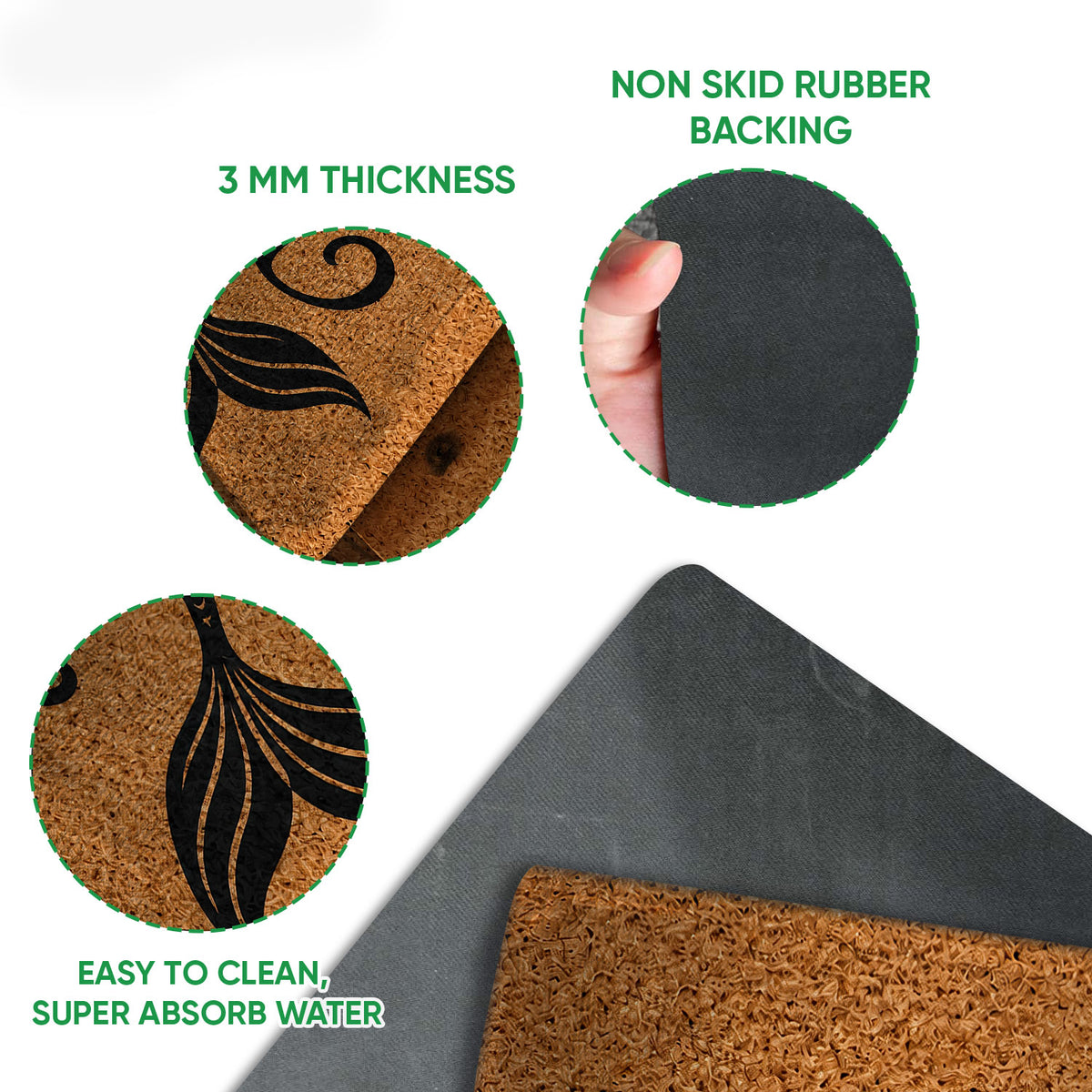 Close-up feature view of a mermaid doormat showing the printed top and dark rubber underside