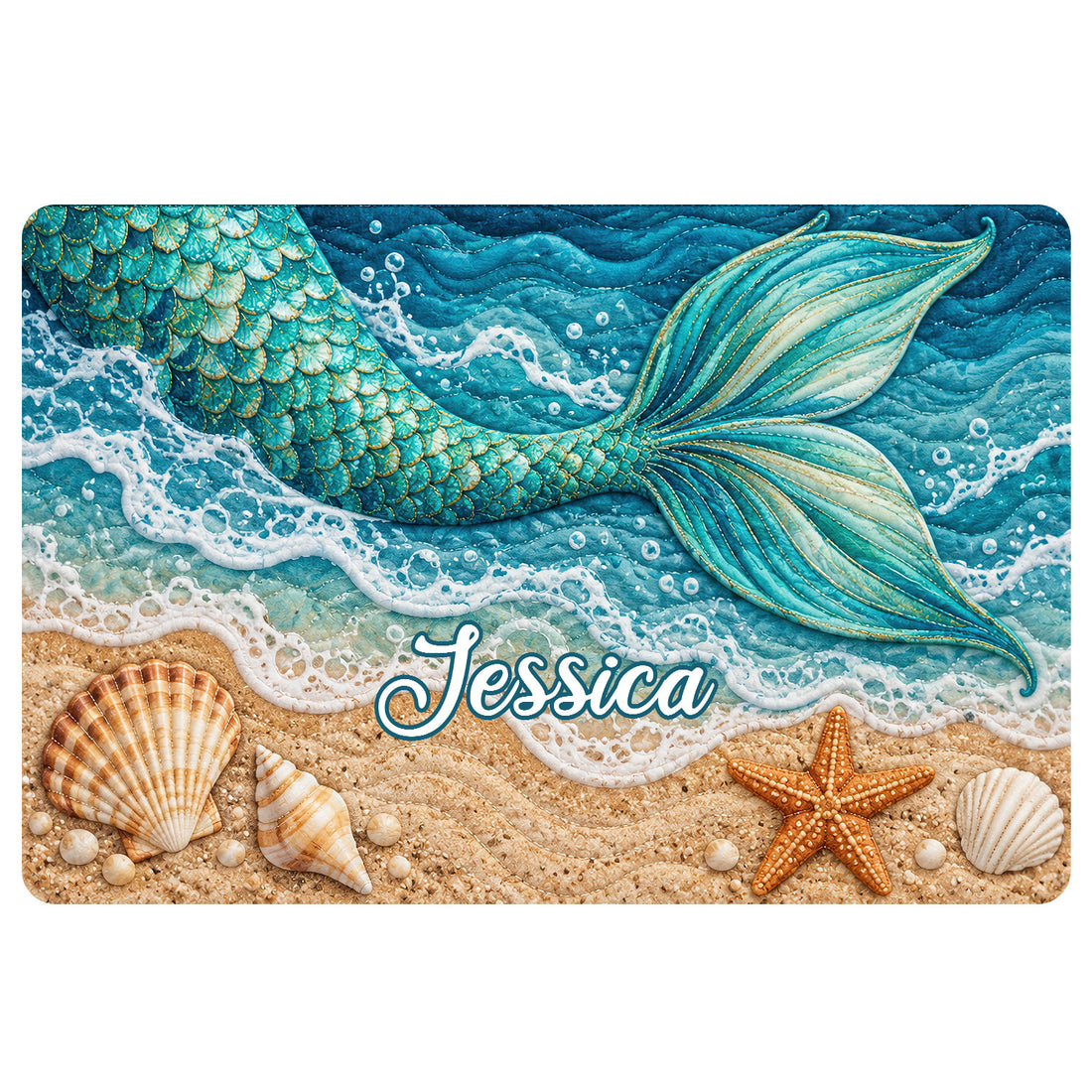 Mermaid doormat featuring a turquoise tail, ocean waves, seashells, and starfish on a sandy beach design