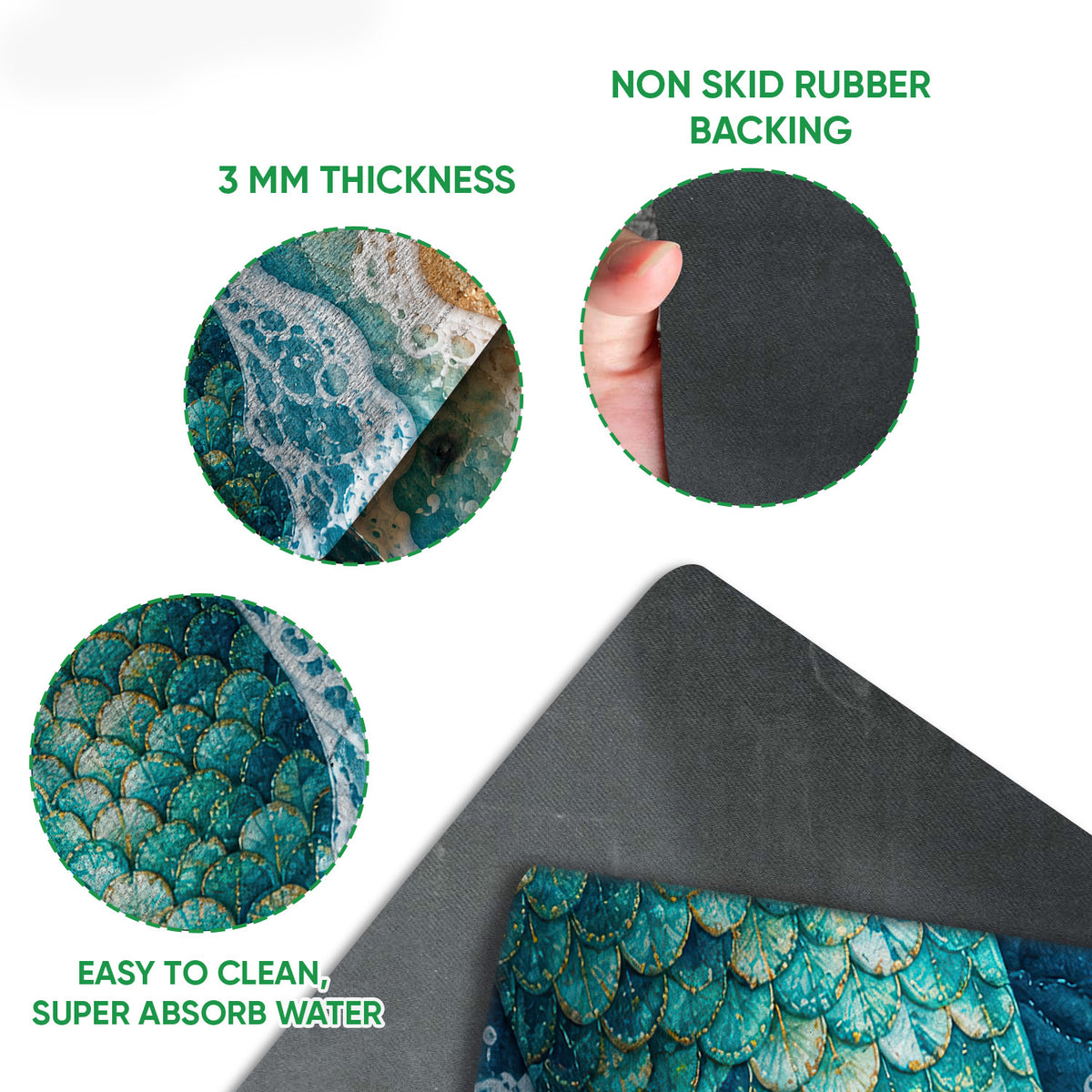 Mermaid doormat feature view showing the colorful printed surface and black rubber grip backing