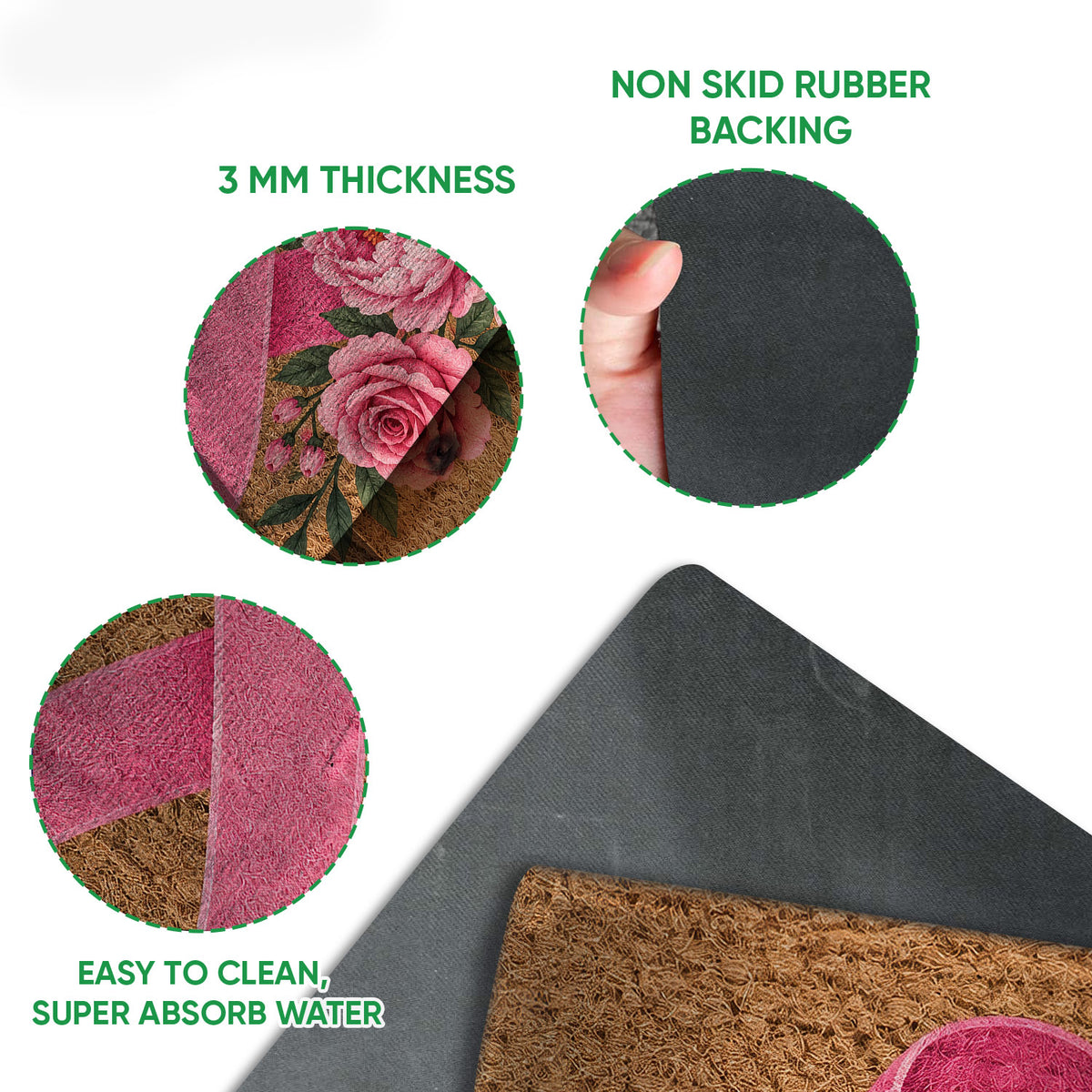 Breast cancer ribbon doormat detail showing textured top, rubber backing, and easy-clean features