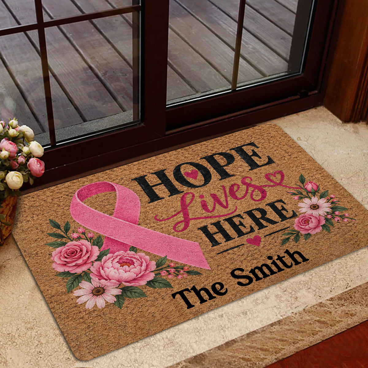 Breast cancer awareness doormat styled by a glass entry door with pink ribbon and flowers