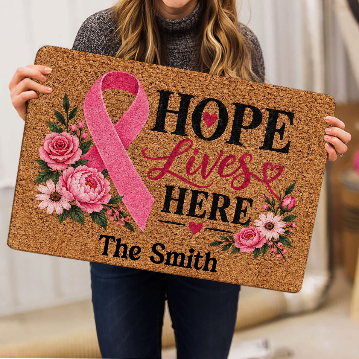 Breast cancer ribbon doormat held indoors, featuring floral artwork and Hope Lives Here message