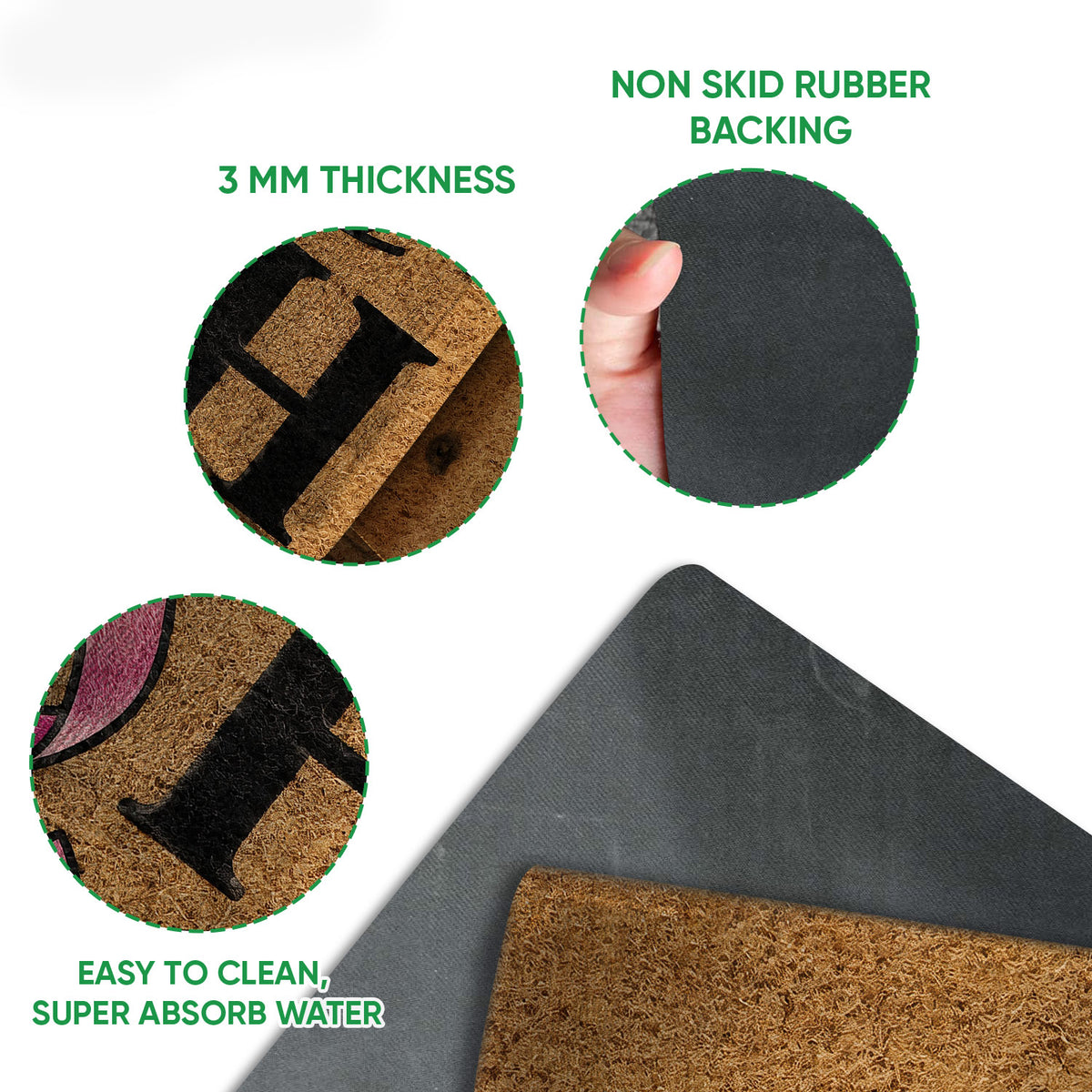 Close-up feature view of breast cancer ribbon doormat surface and dark rubber backing