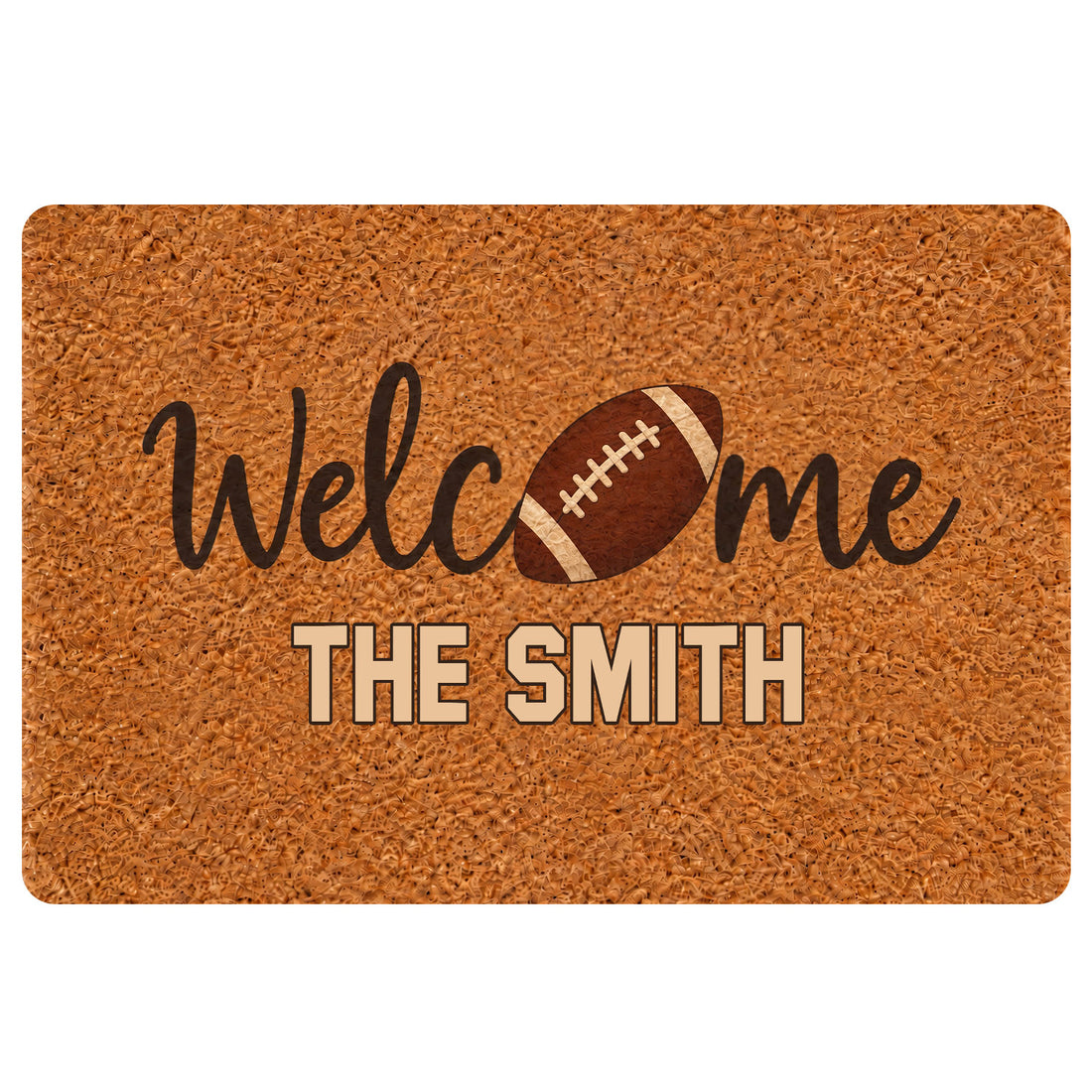 Football-themed welcome doormat with a brown football graphic and warm textured entryway design