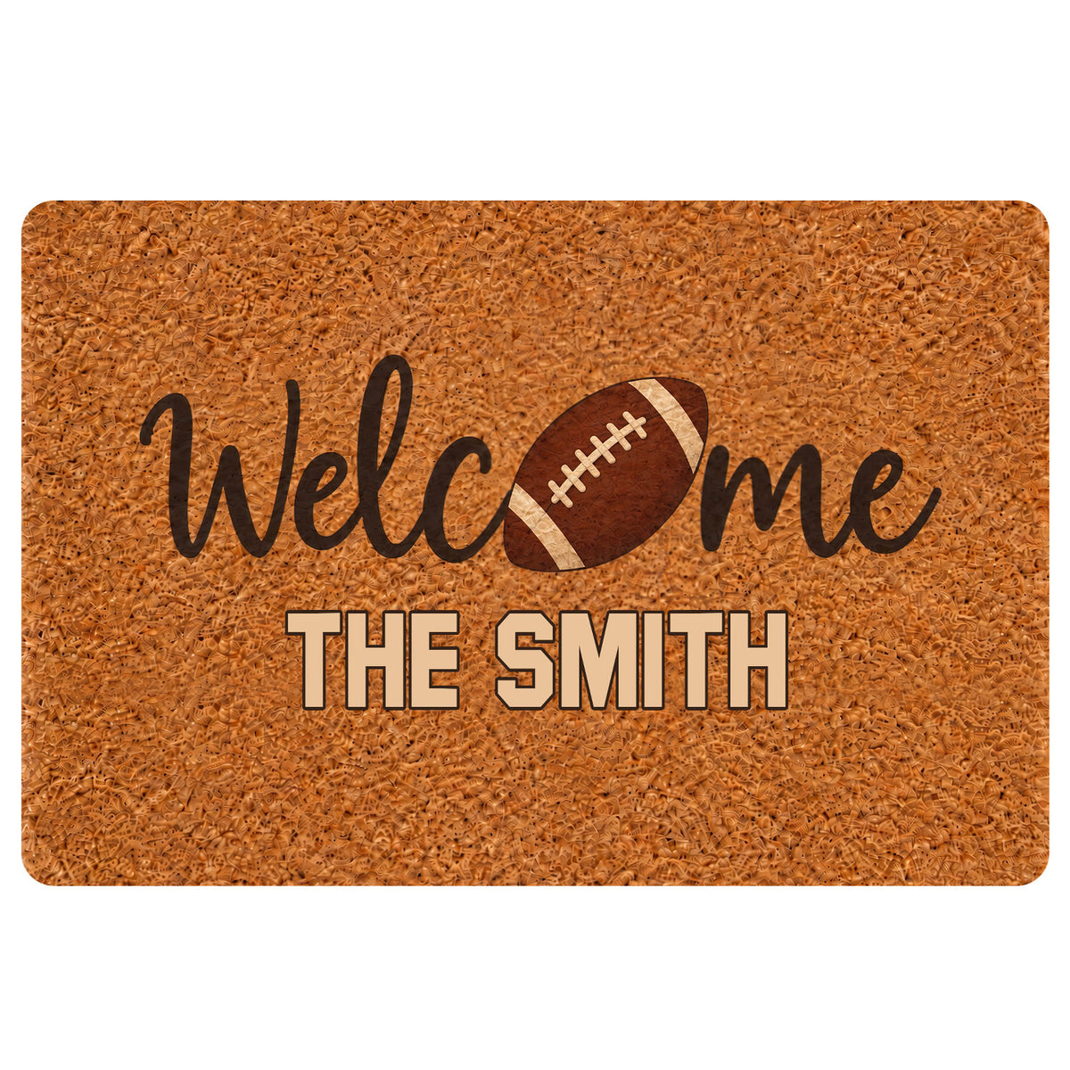 Football-themed welcome doormat with a brown football graphic and warm textured entryway design