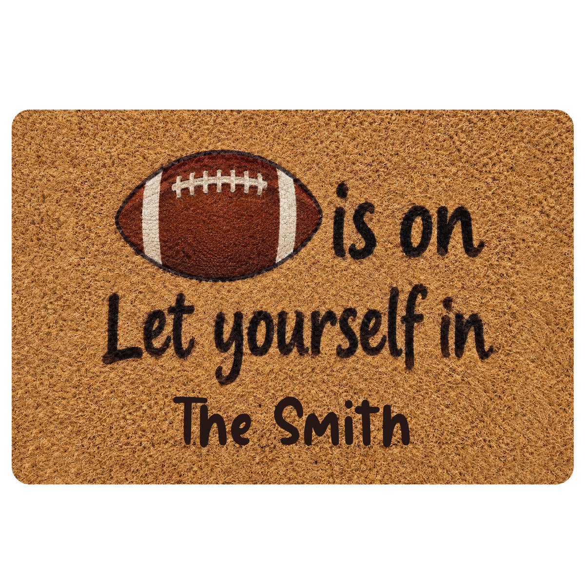 Football-themed doormat with a classic brown football graphic and welcoming black lettering