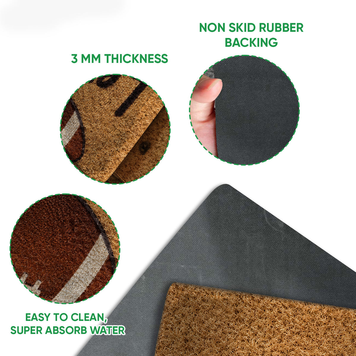 Close-up feature view showing the football doormat surface, folded edge, and black rubber backing