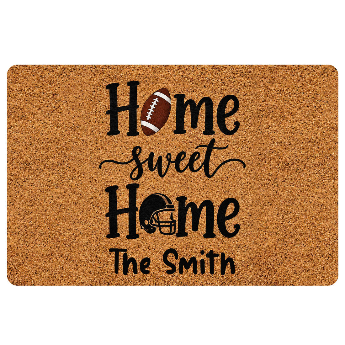 Football-themed doormat with bold home lettering, football and helmet illustrations on a textured brown background