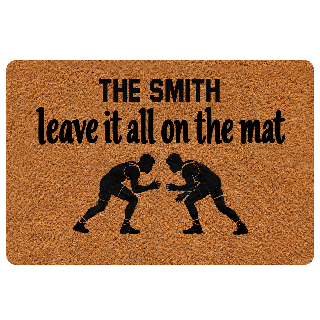 Wrestling doormat with two grapplers on a textured brown background and bold black lettering