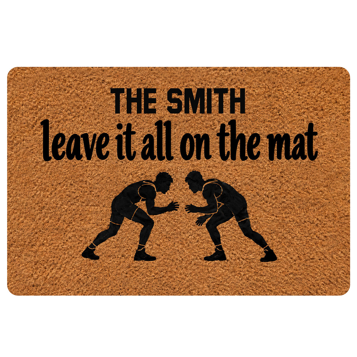 Wrestling doormat with two grapplers on a textured brown background and bold black lettering