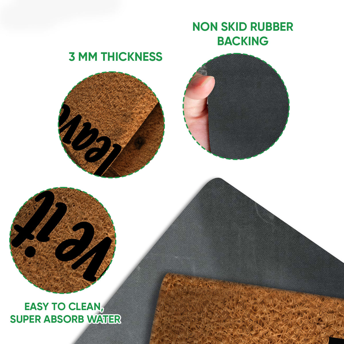 Close-up wrestling doormat view showing the printed surface, rubber backing and rounded edge
