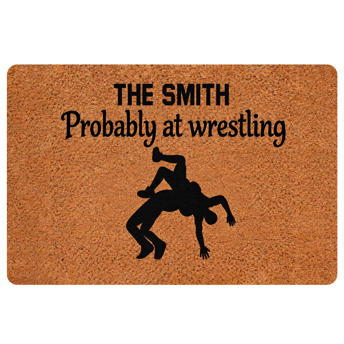 Wrestling-themed doormat with a black grappling silhouette and bold lettering on a warm brown surface