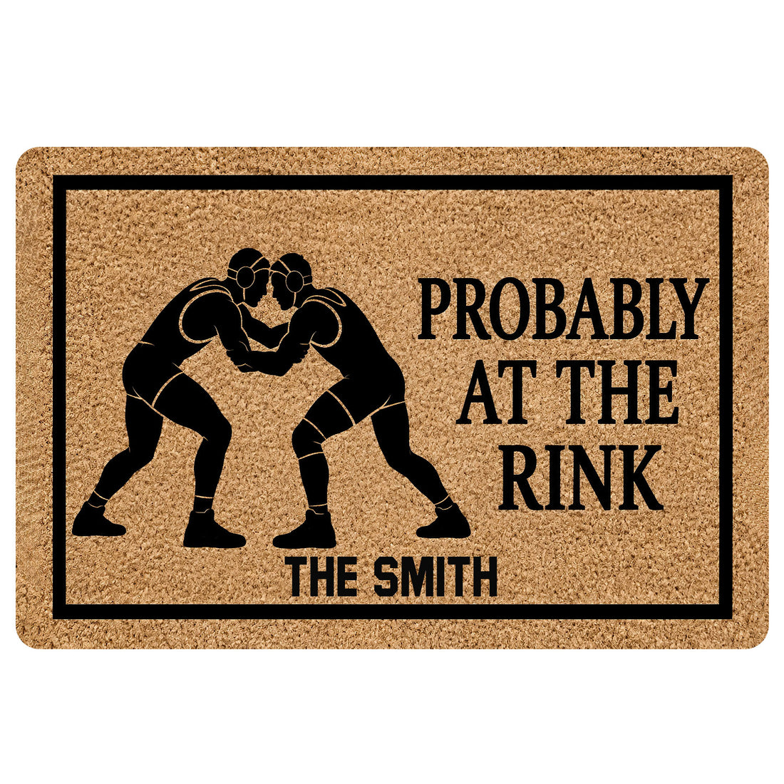Wrestling doormat with two grapplers in headgear, bold black border, and humorous entryway artwork