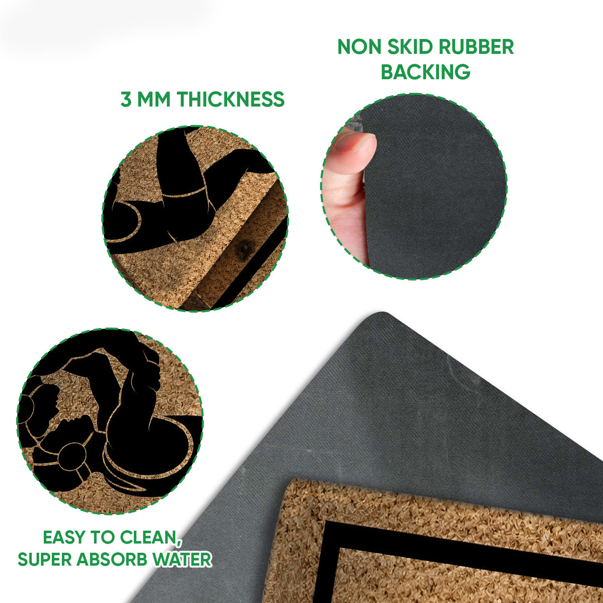 Wrestling doormat detail graphic showing the printed top, layered edge, and black rubber backing