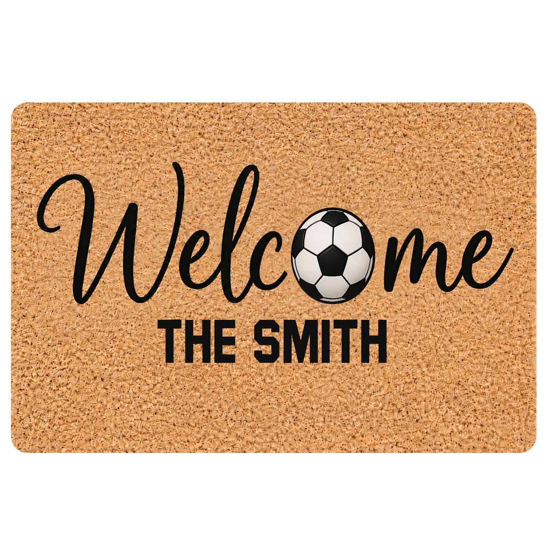 Soccer-themed doormat with a black-and-white soccer ball, welcome lettering and family-style entryway design