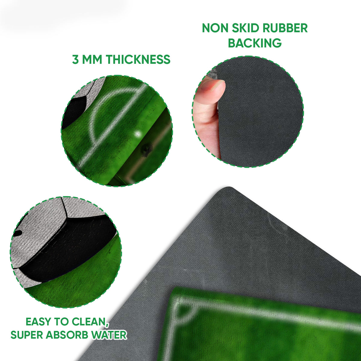 Close-up feature view of soccer doormat surface, rubber backing, and easy-clean construction