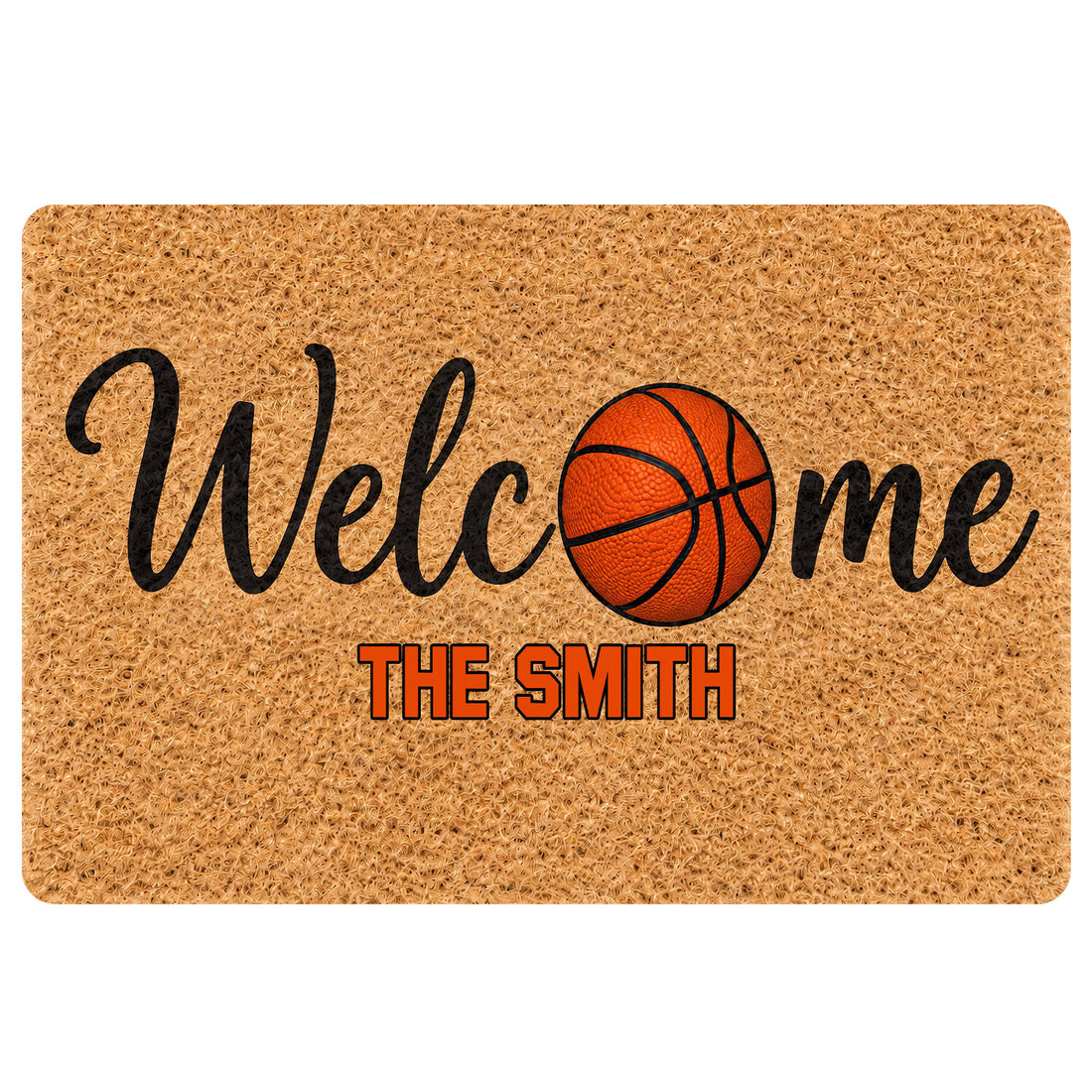 Basketball welcome doormat with orange basketball artwork and bold black and orange entryway lettering