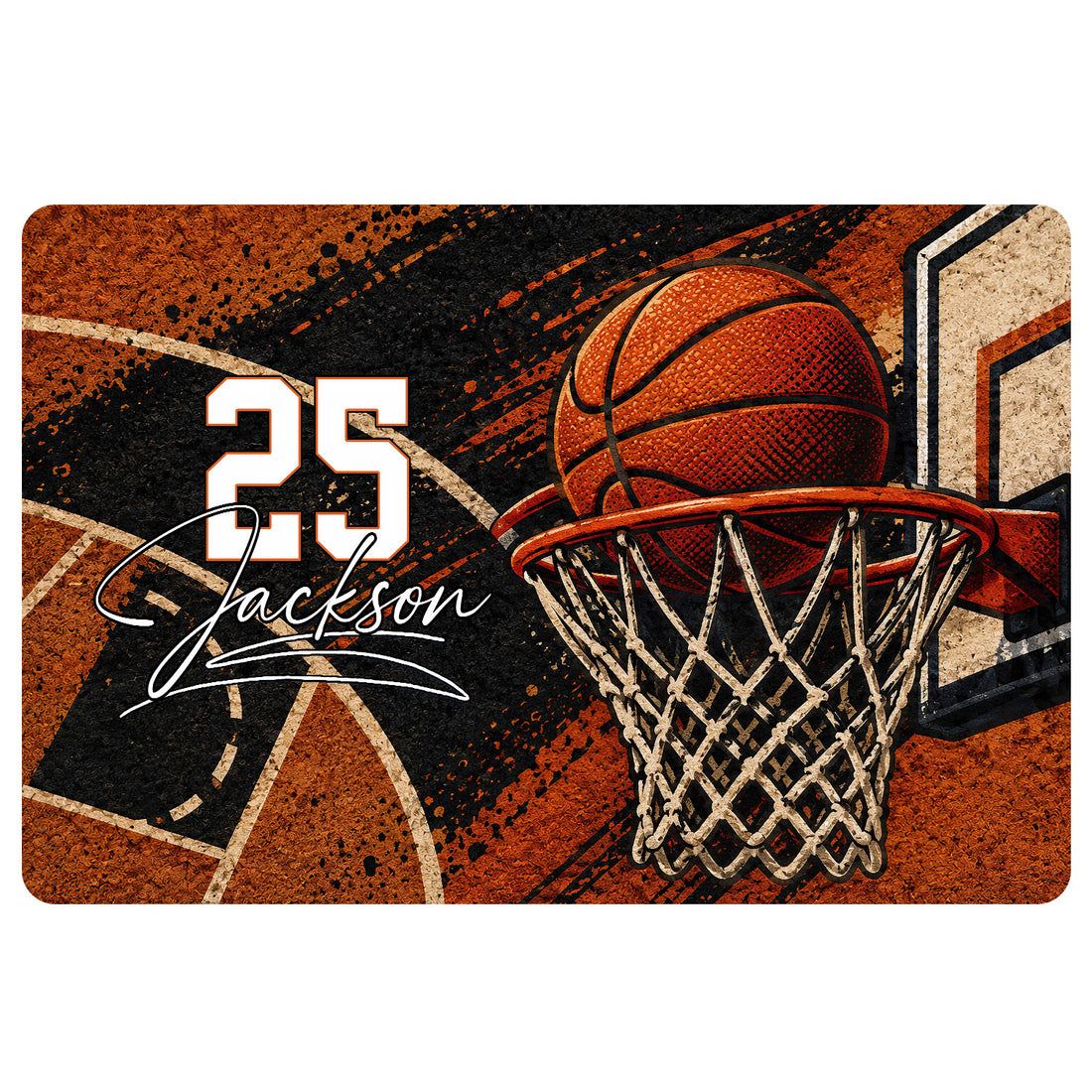 Basketball doormat with an orange basketball, hoop, court graphics, and bold black and orange artwork