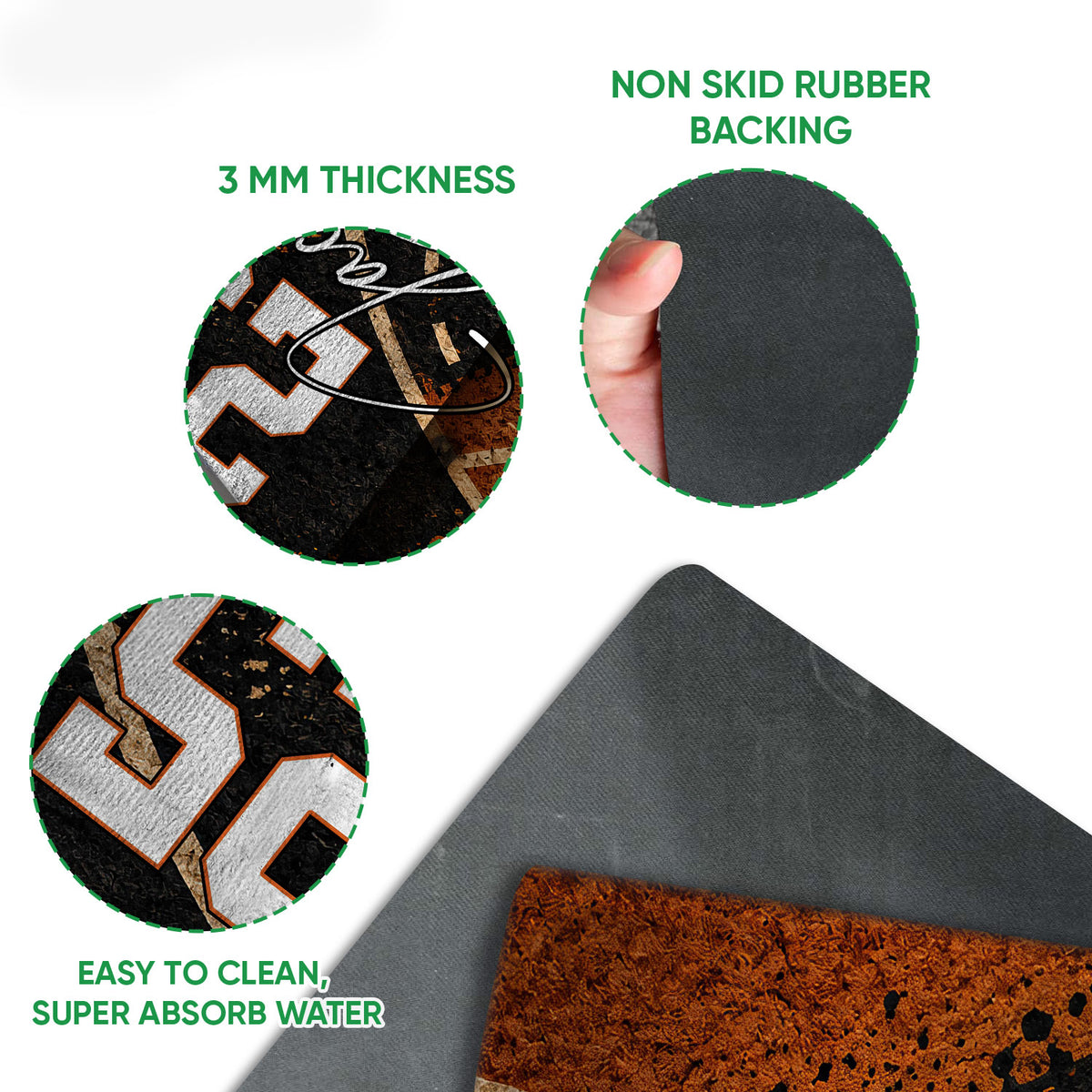 Close-up feature view showing the basketball print surface, rubber backing, and thin doormat profile
