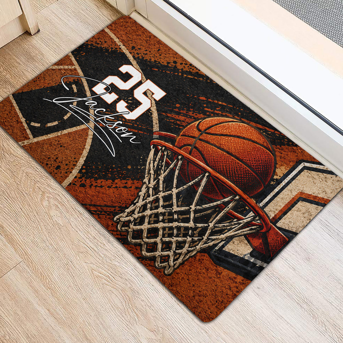 Basketball-themed door mat placed at an indoor entrance with a hoop and court design