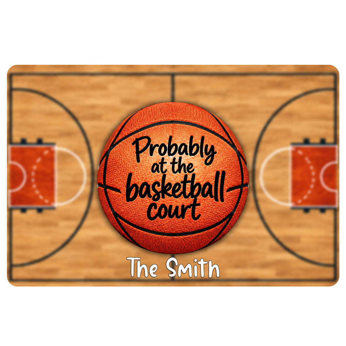 Basketball doormat with an orange basketball and court-inspired artwork in warm wood and orange tones