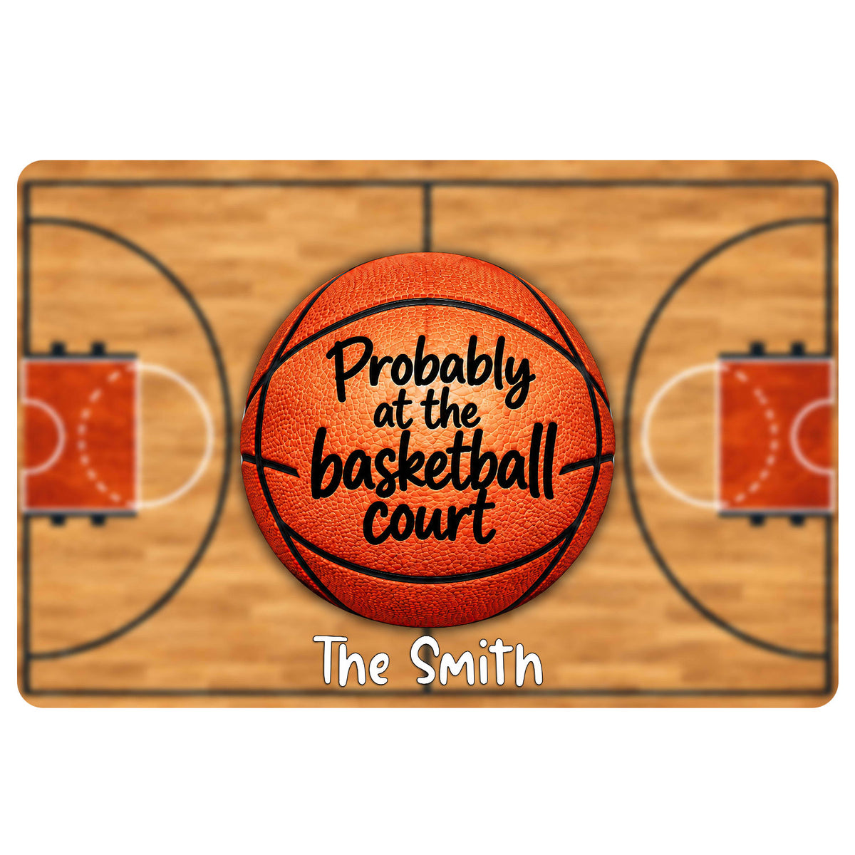 Basketball doormat with an orange basketball and court-inspired artwork in warm wood and orange tones