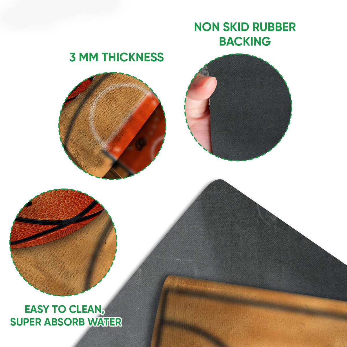 Close-up feature view showing the basketball print surface, rounded edge, and dark rubber backing