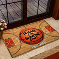 Basketball court rug styled in a home entrance with a glass door and warm interior decor