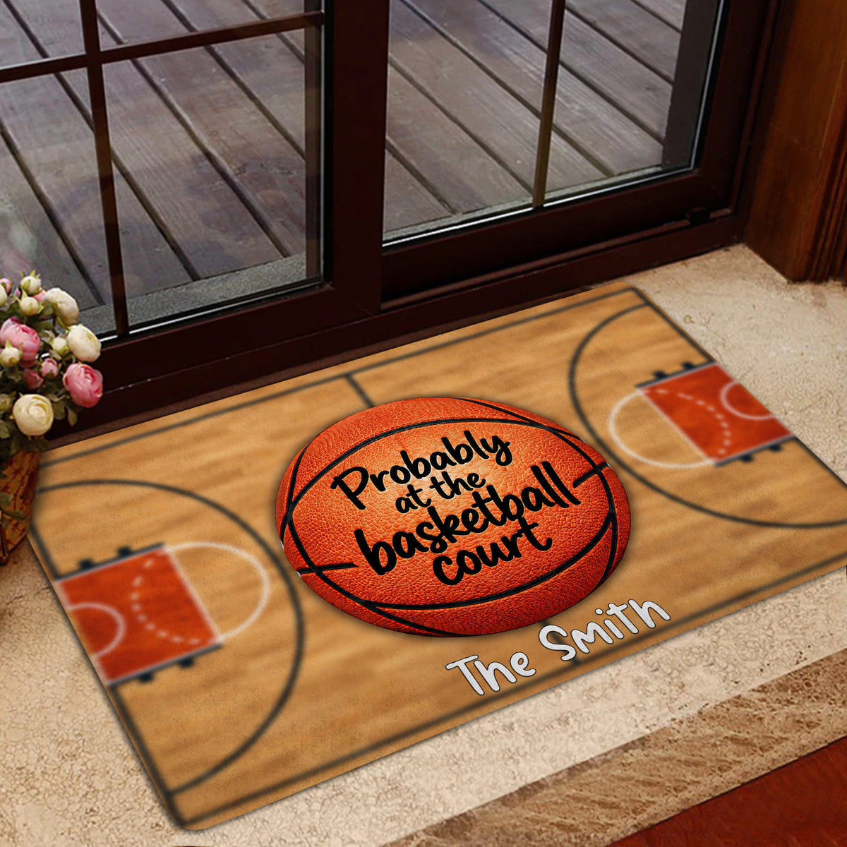 Basketball court rug styled in a home entrance with a glass door and warm interior decor