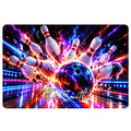 Colorful bowling doormat artwork with a bowling ball, pins and vivid neon energy effects