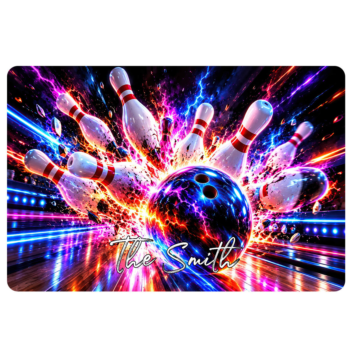 Colorful bowling doormat artwork with a bowling ball, pins and vivid neon energy effects