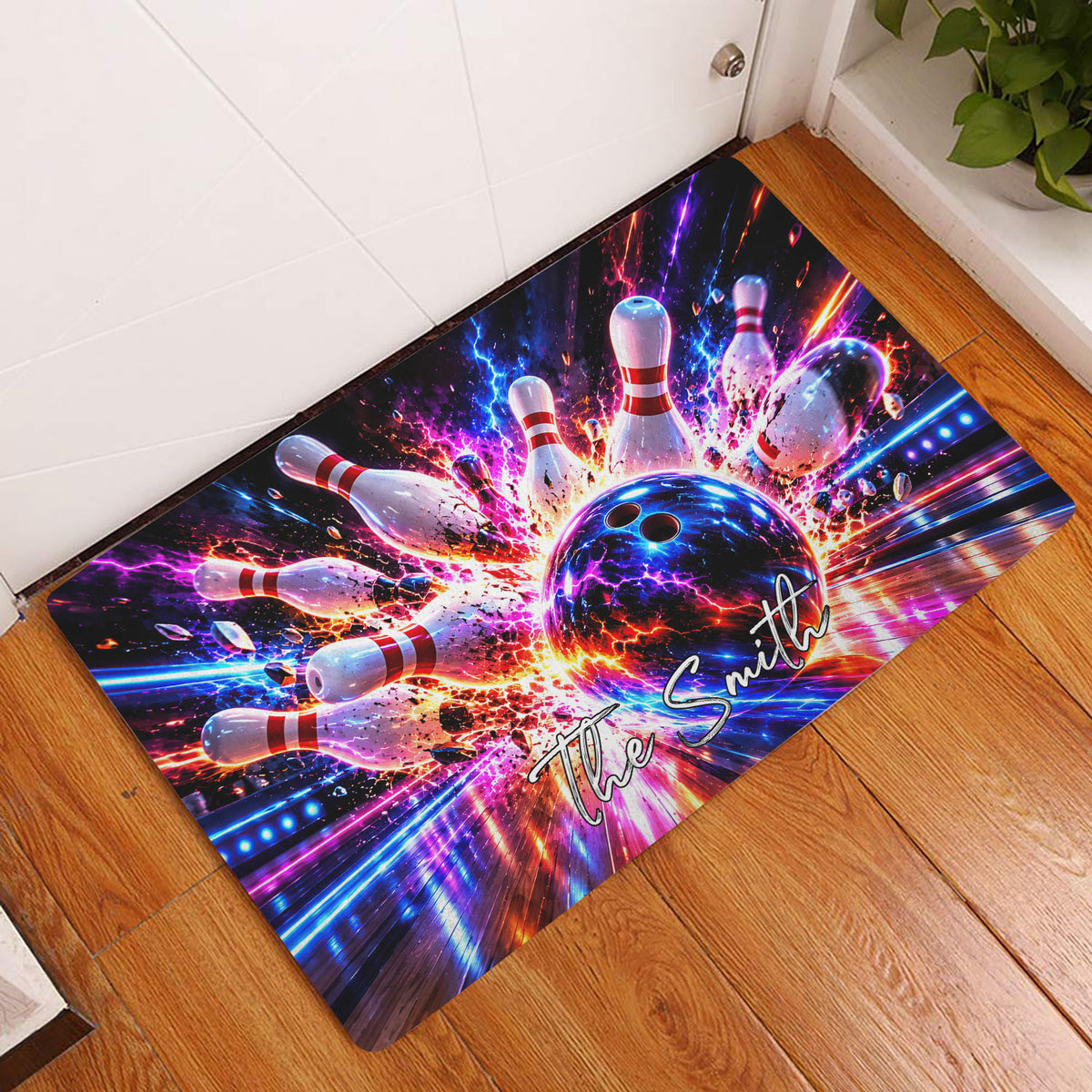 Neon bowling doormat displayed at an indoor entryway on a hardwood floor