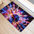 Bright bowling ball and pins doormat positioned beside an indoor doorway