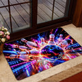 Colorful bowling entryway mat shown near a glass door with pins and ball artwork