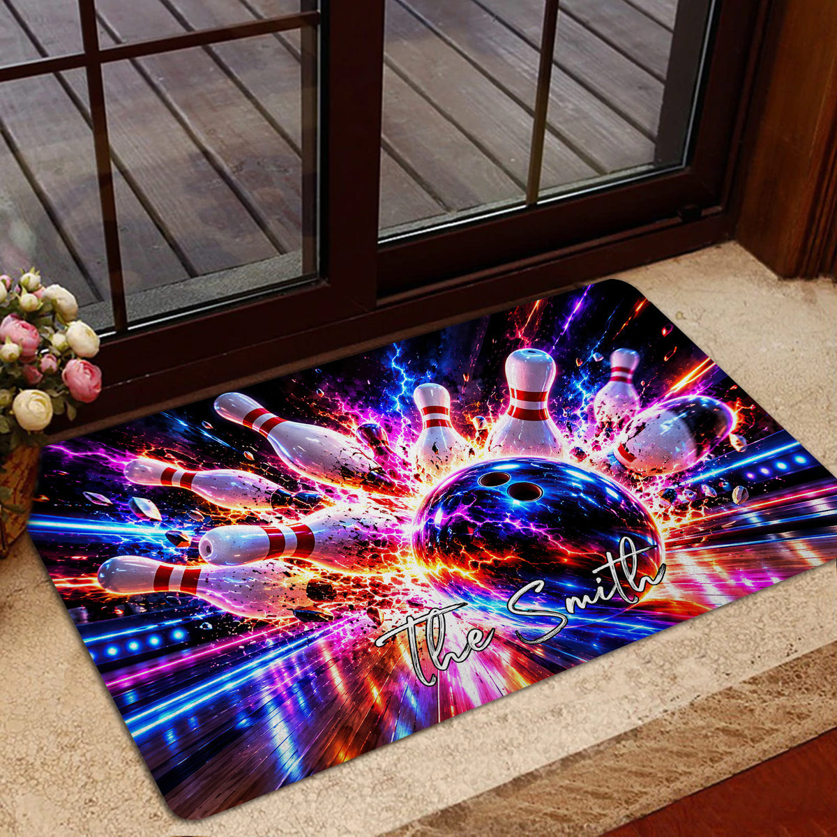 Colorful bowling entryway mat shown near a glass door with pins and ball artwork