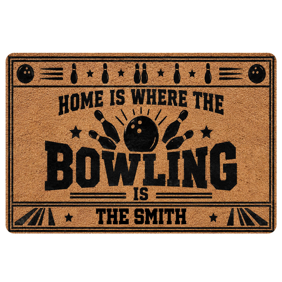 Bowling doormat with black bowling balls, pins, stars and bold vintage-inspired graphic artwork