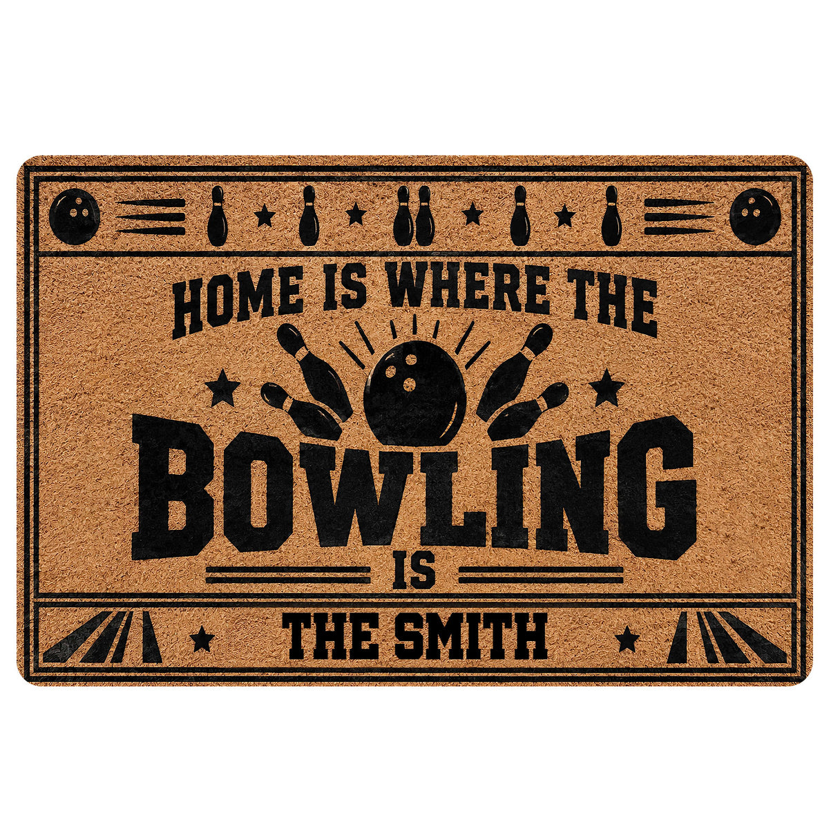 Bowling doormat with black bowling balls, pins, stars and bold vintage-inspired graphic artwork