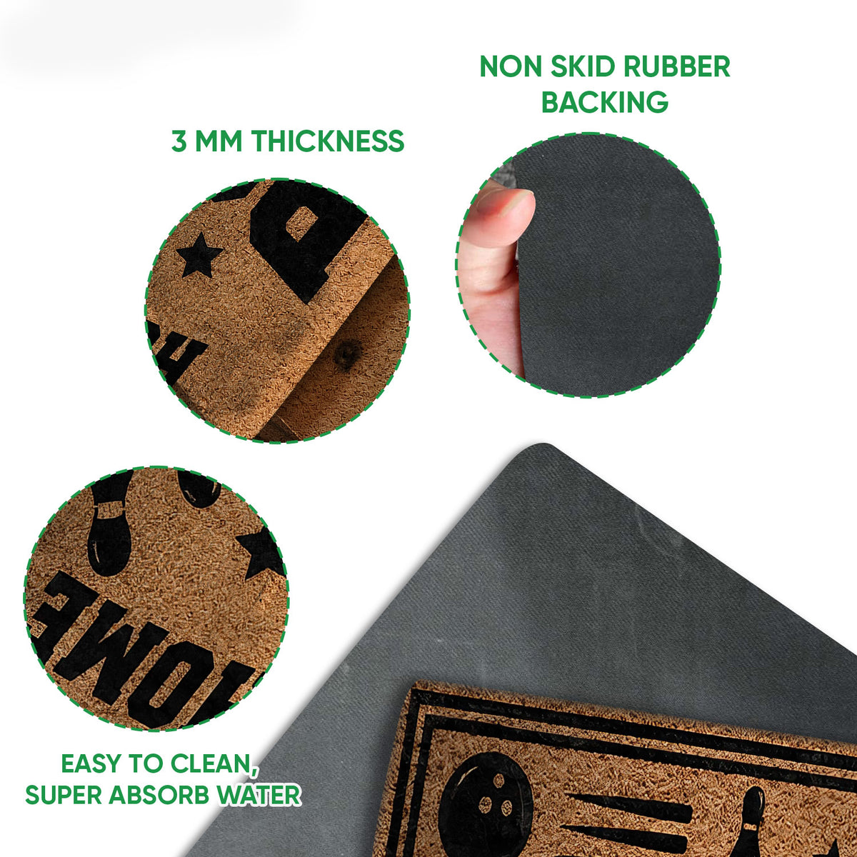 Close-up bowling doormat detail showing printed felt surface and black rubber backing