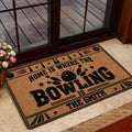 Bowling door mat styled at an indoor entrance with bowling pins, ball and vintage lane design