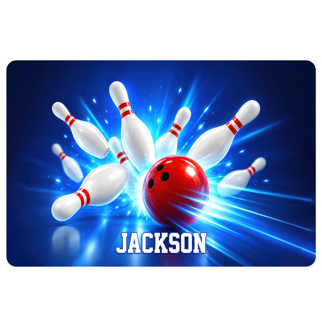 Bowling doormat design with a red ball striking white pins against a vivid blue background