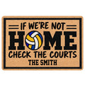 Volleyball doormat with a colorful volleyball, bold court message, black border, and tan background