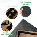 Volleyball doormat detail showing the printed felt surface and black rubber backing