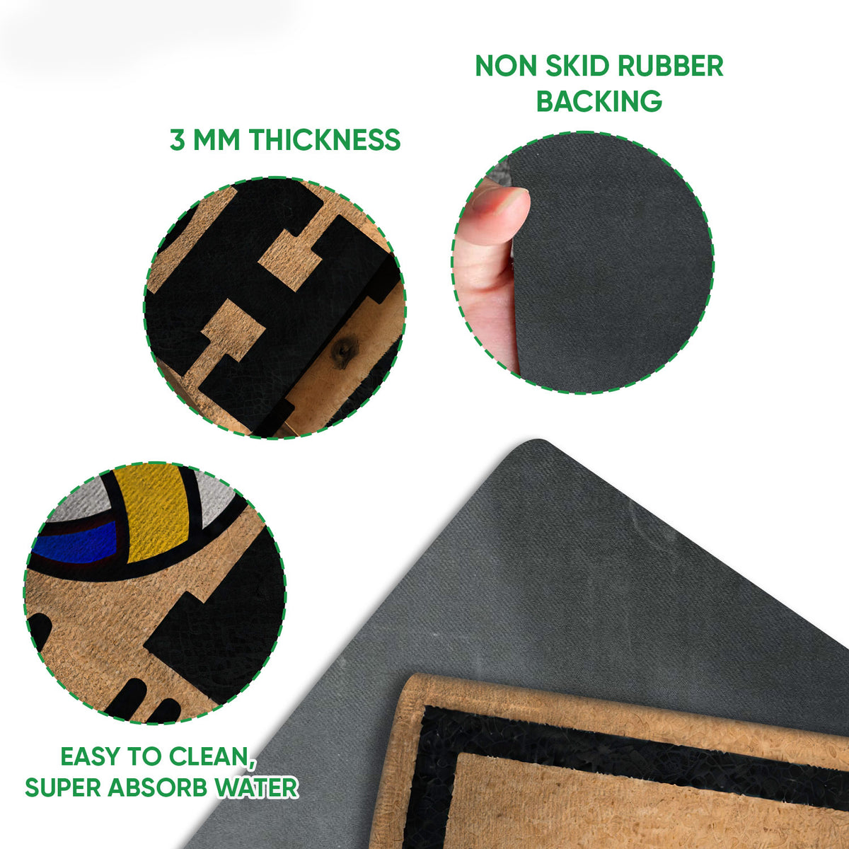 Volleyball doormat detail showing the printed felt surface and black rubber backing