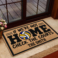 Volleyball doormat styled in a home entrance beside a glass door and indoor flooring