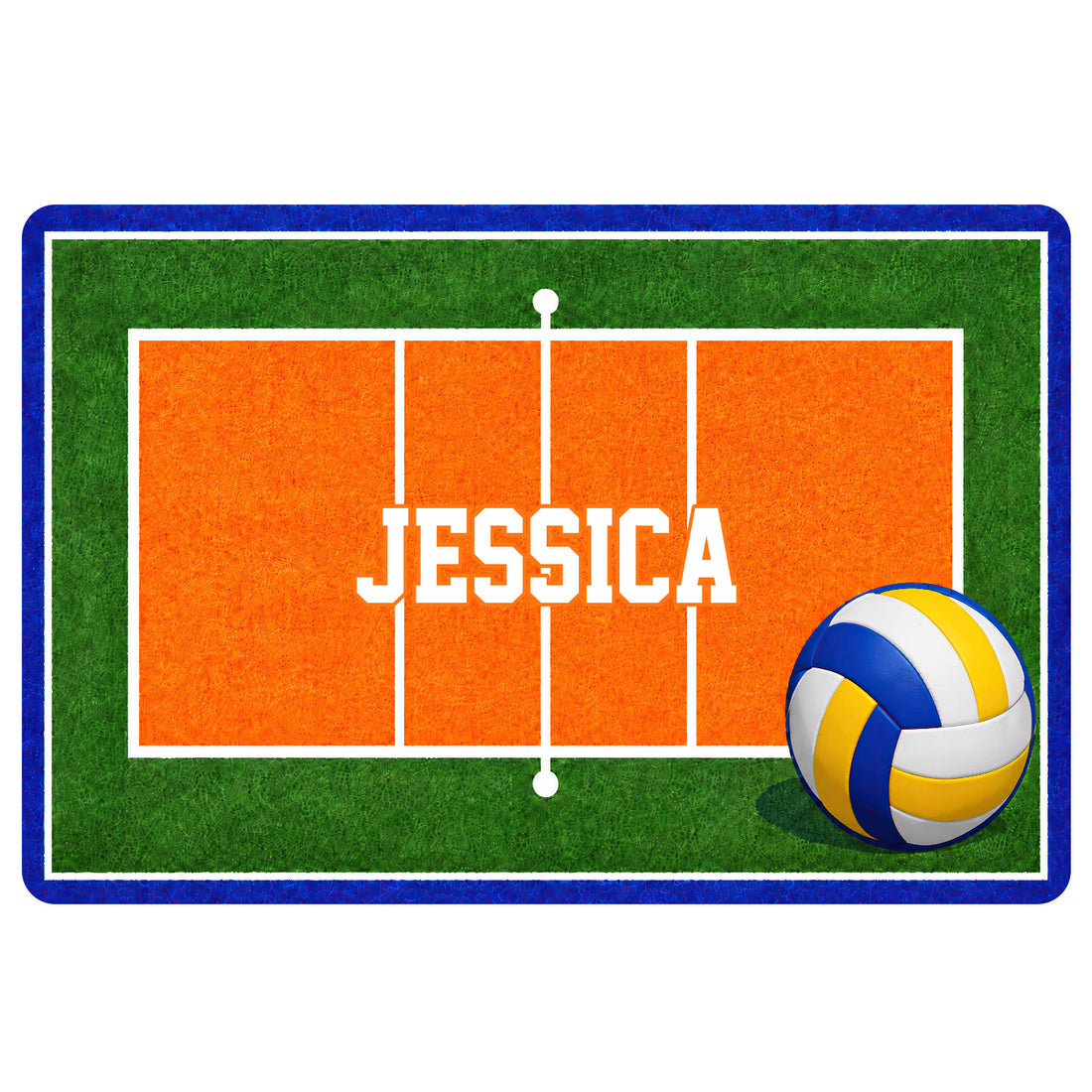Volleyball court doormat with a colorful ball graphic and centered editable-style lettering
