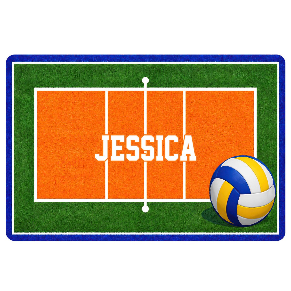 Volleyball court doormat with a colorful ball graphic and centered editable-style lettering