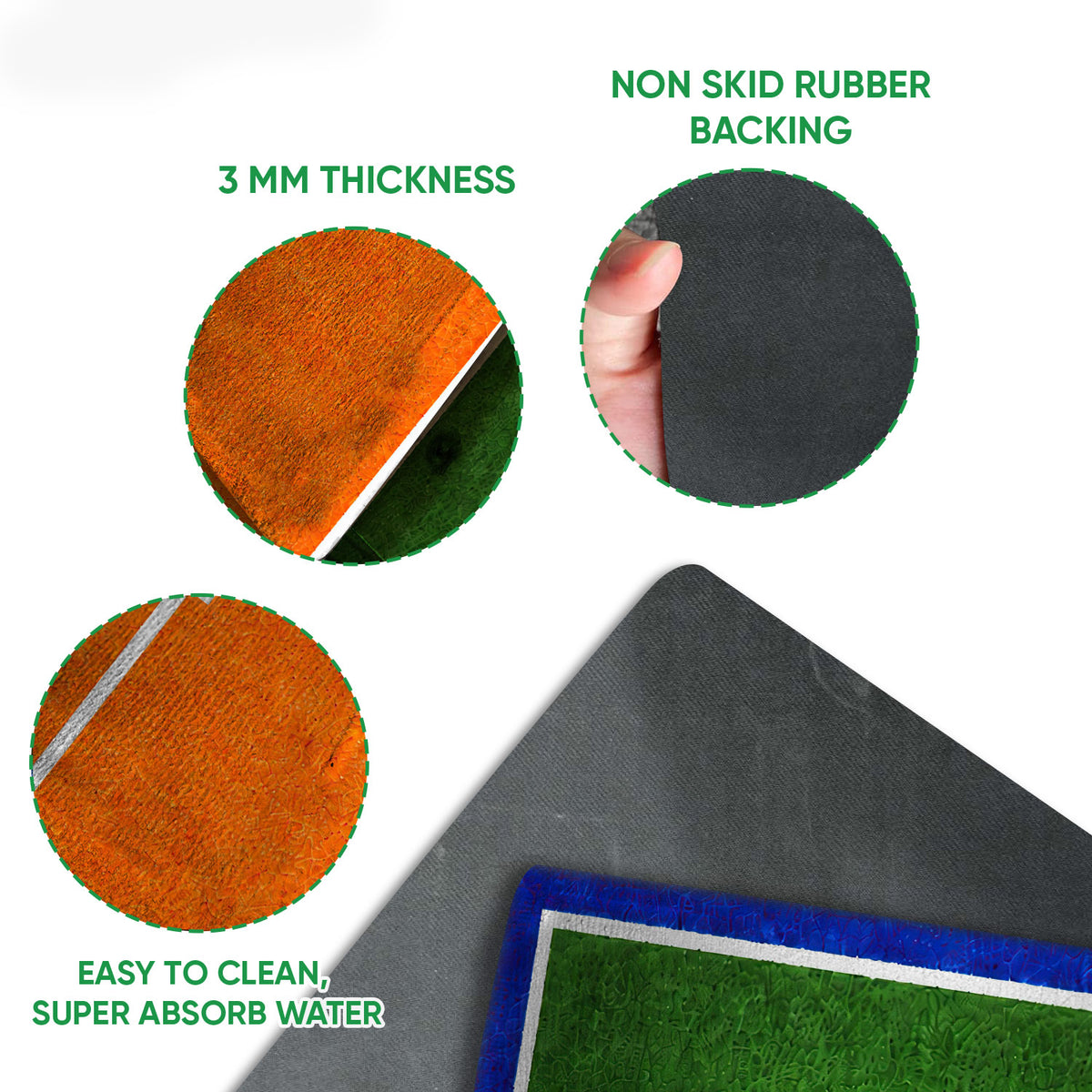 Volleyball doormat feature view showing the textured felt surface, layered edge, and rubber backing