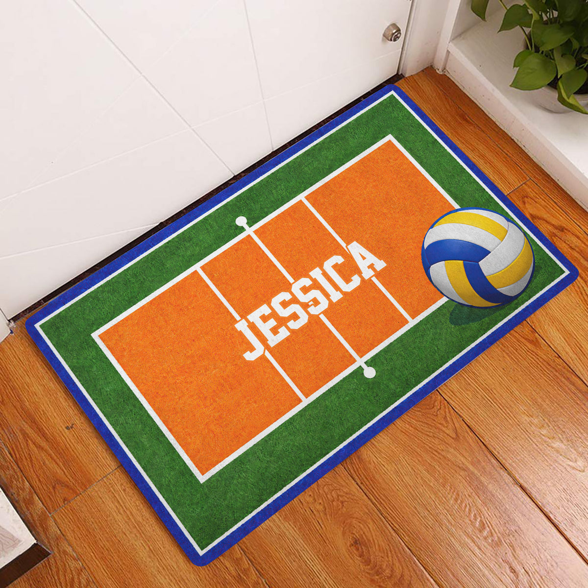 Colorful volleyball court doormat displayed in an indoor entryway beside a white door