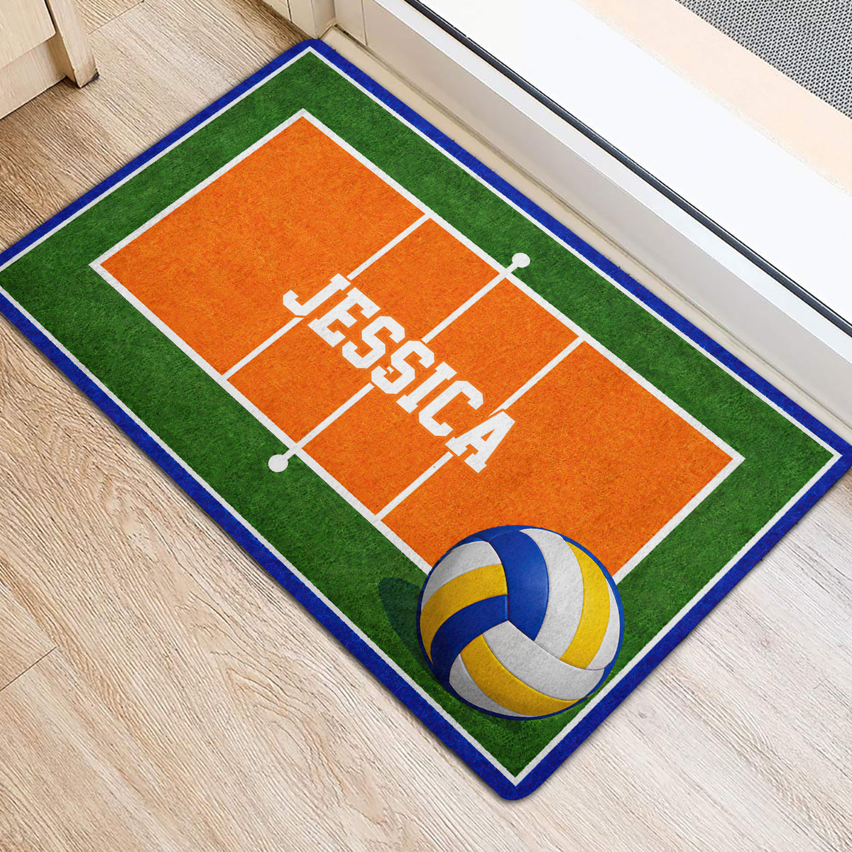 Volleyball court rug placed near a doorway with orange court lines and a blue, yellow, and white ball