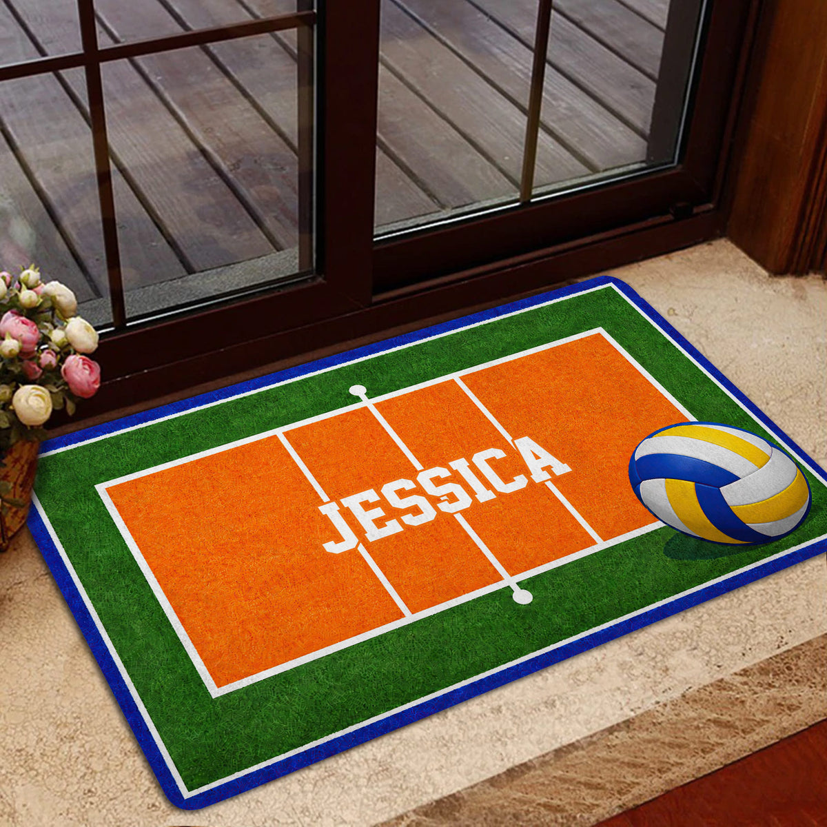 Volleyball-themed entryway mat shown by a glass door with a bright court and ball design